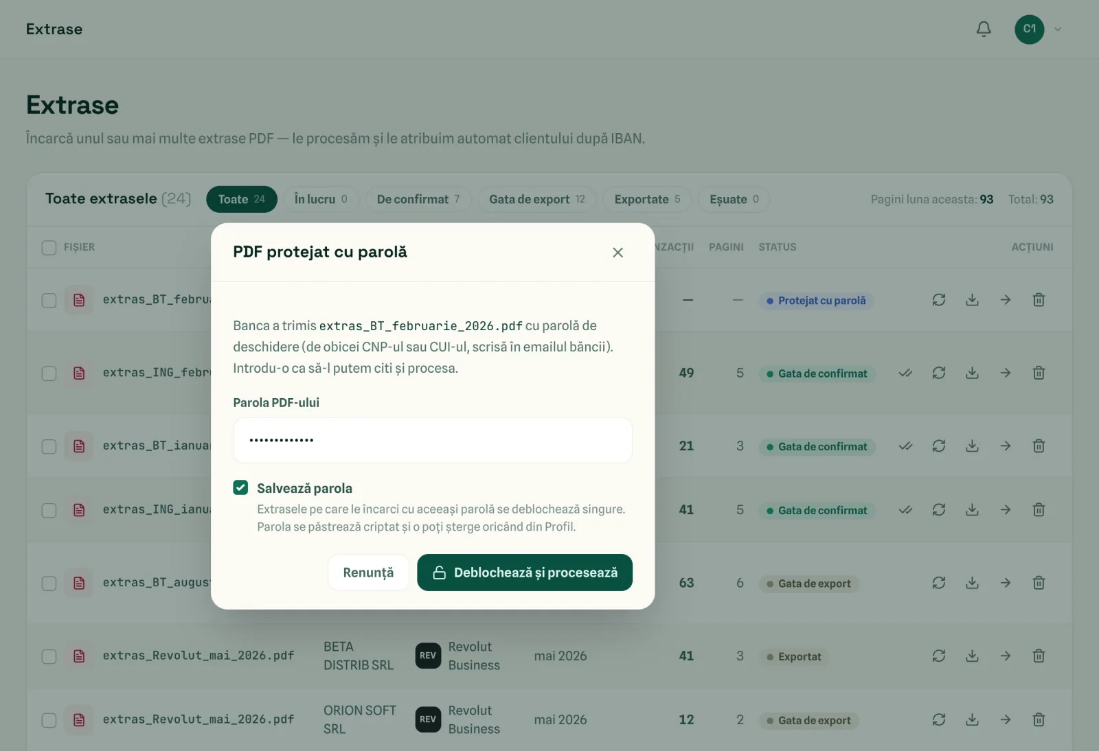 Classify: extras PDF protejat cu parolă, deblocat din lista de extrase